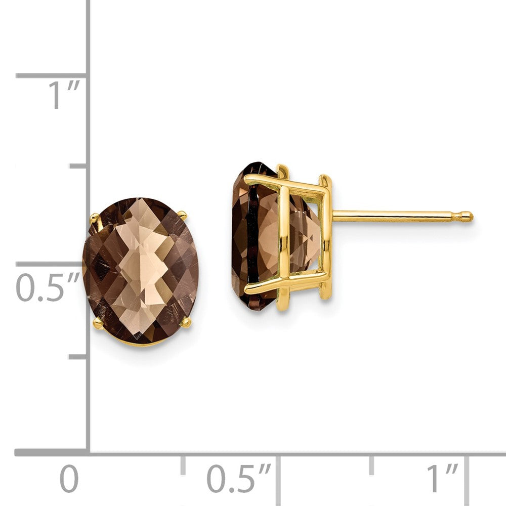 14K Gelbgold Ohrringe mit 10x8 mm ovalem Schachbrettschliff-Rauchquarz