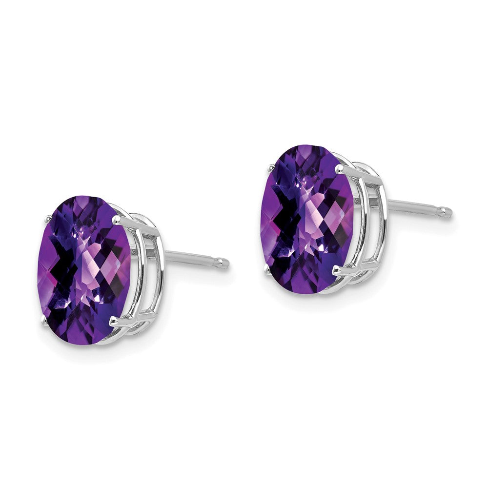 14K Weißgold Ohrringe mit 10x8mm ovalem Amethyst im Schachbrettschliff