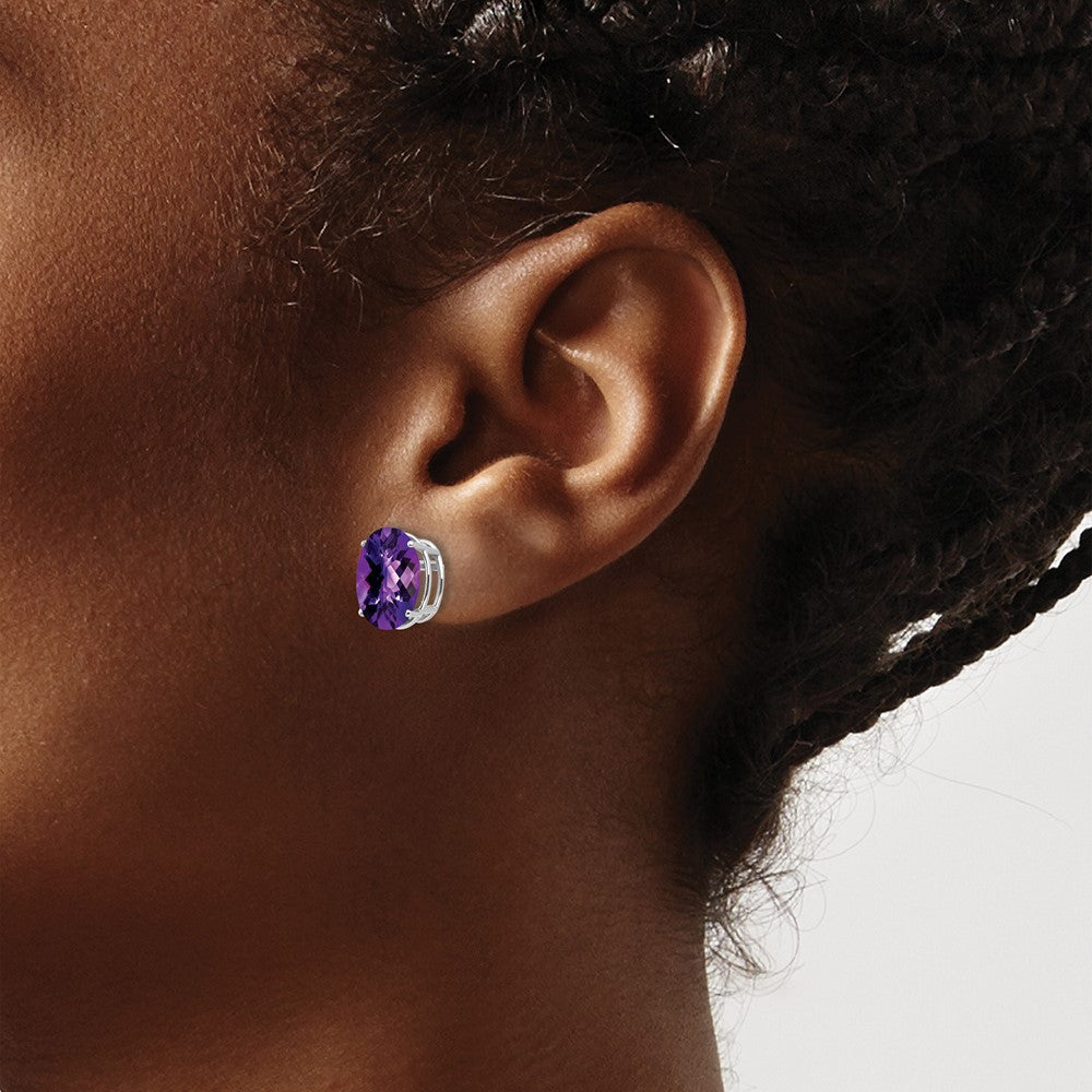14K Weißgold Ohrringe mit 10x8mm ovalem Amethyst im Schachbrettschliff
