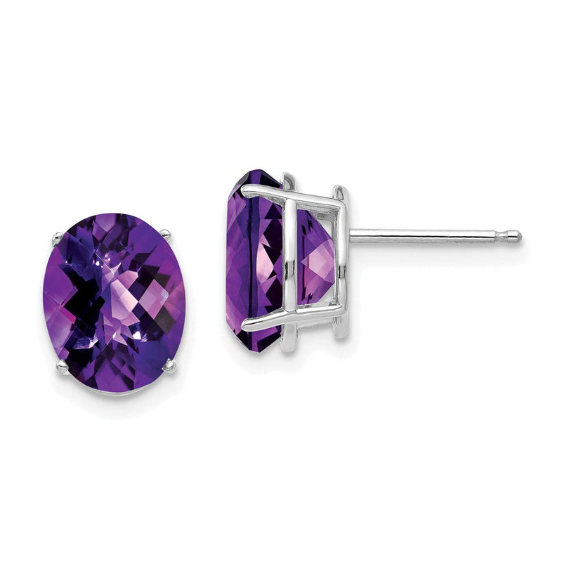 14K Weißgold Ohrringe mit 10x8mm ovalem Amethyst im Schachbrettschliff