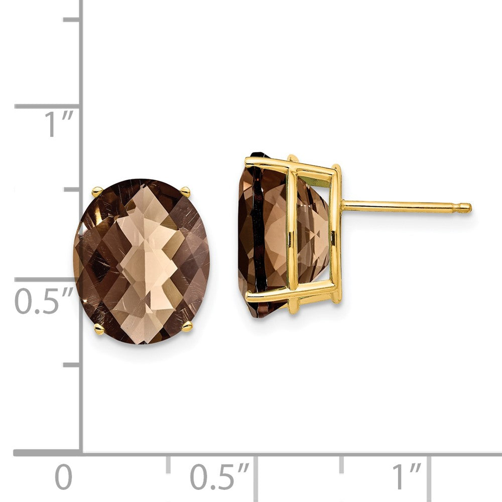 14K Gelbgold Ohrringe mit 12x10 ovalem Schachbrettschliff-Rauchquarz