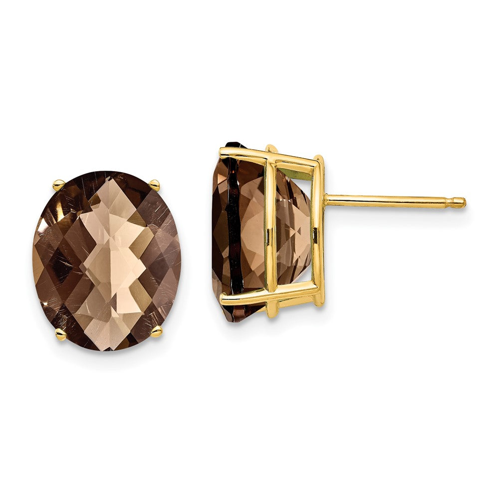 14K Gelbgold Ohrringe mit 12x10 ovalem Schachbrettschliff-Rauchquarz