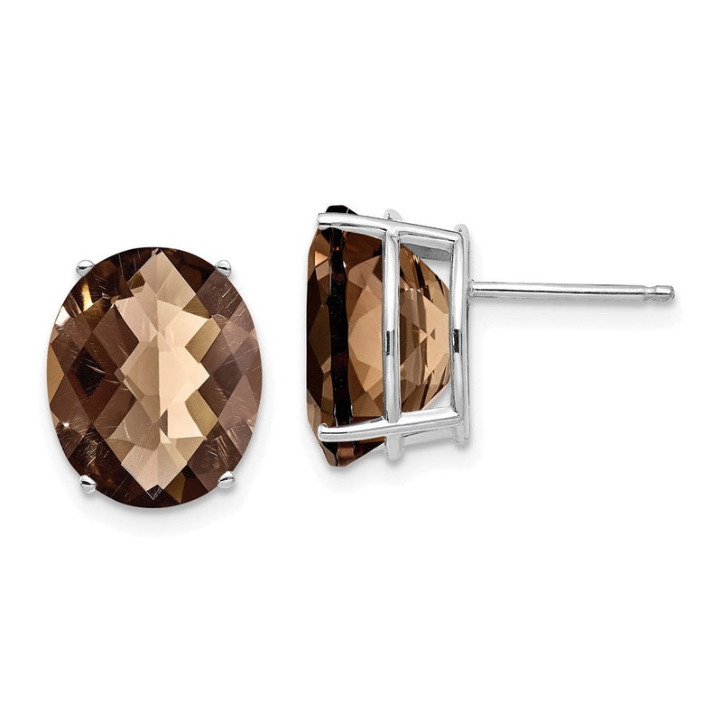 14K Weißgold Ohrringe mit ovalem Checker-Cut-Rauchquarz und Gelbgold, 12 x 10 mm