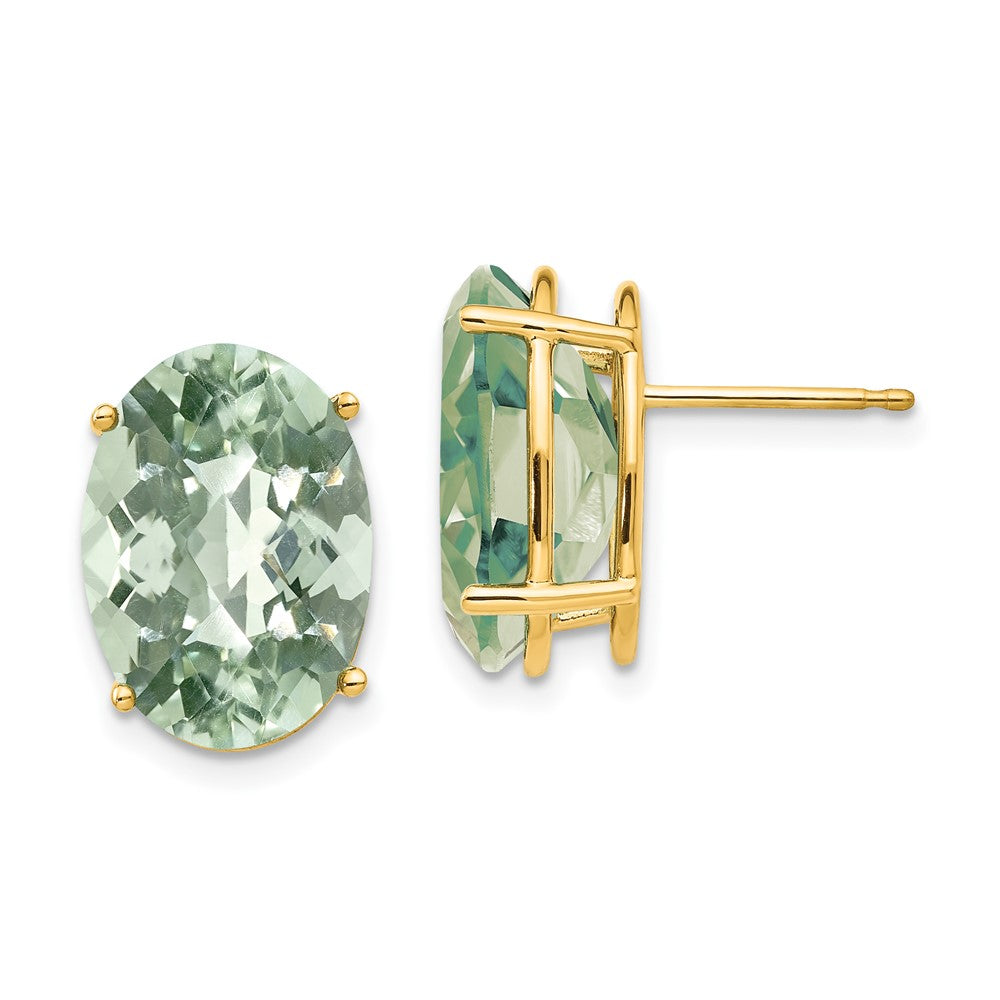 14K Gelbgold Ohrringe mit 14x10 mm ovalem Schachbrettschliff-Grünquarz