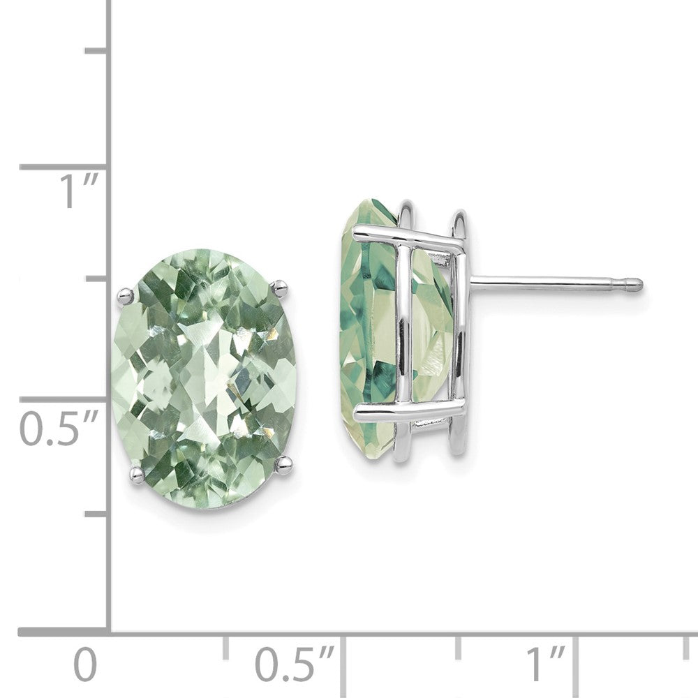14K Weißgold Ohrringe mit ovalem, 4-Krappen gefasstem, 14 x 10 mm Schachbrett-Schliff Grünquarz