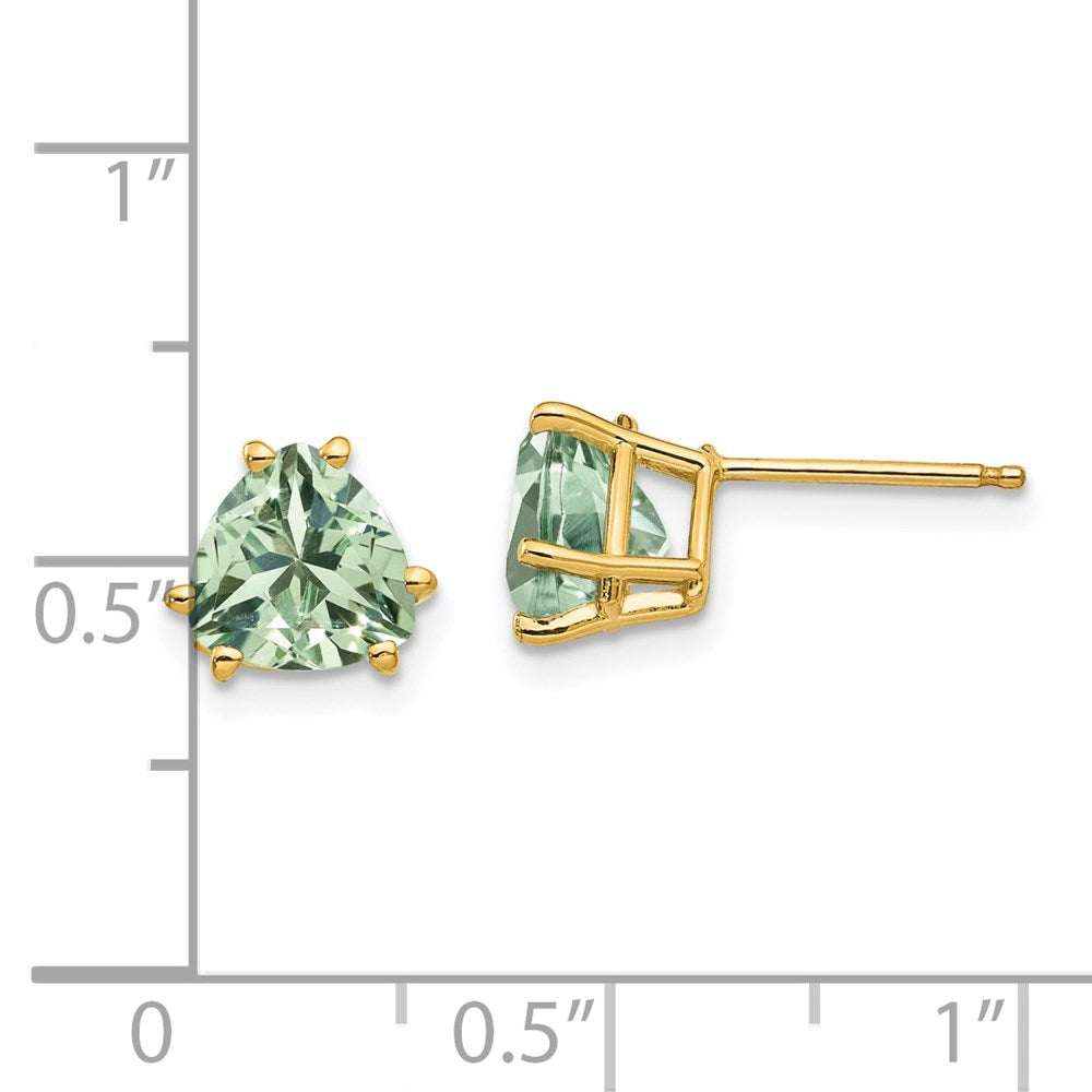 14K Gelbgold Ohrringe mit trillantförmigem grünem Quarz, 7 mm