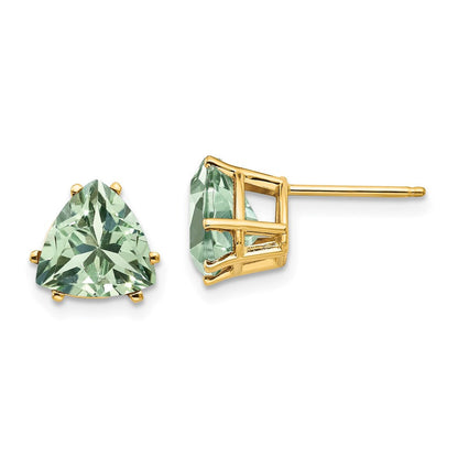 14K Gelbgold Ohrringe mit Trillion-Schliff Gruenem Quarz, 8 mm