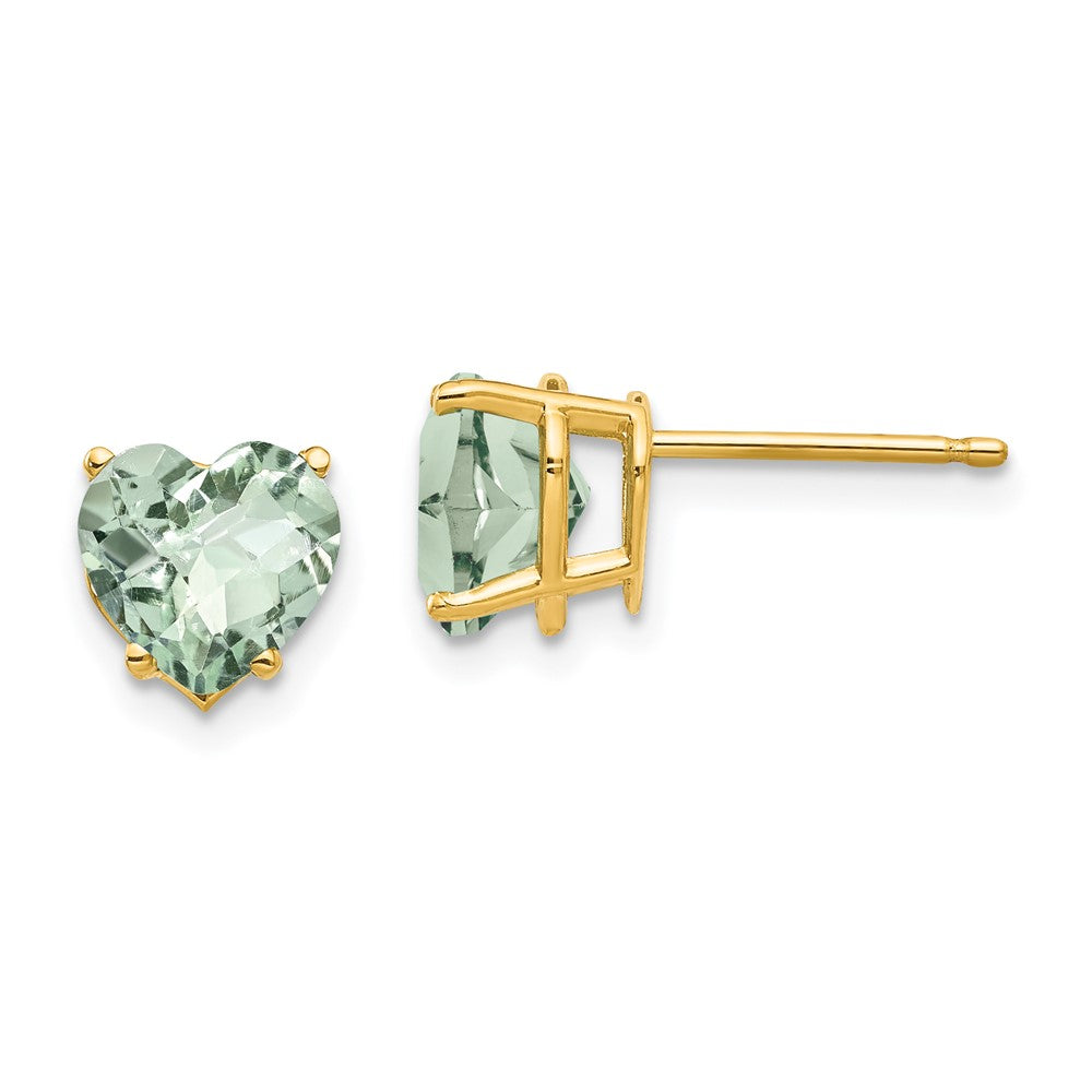 14K Gelbgold Ohrringe mit 7 mm Schachbrett-Cut Herz aus grünem Quarz
