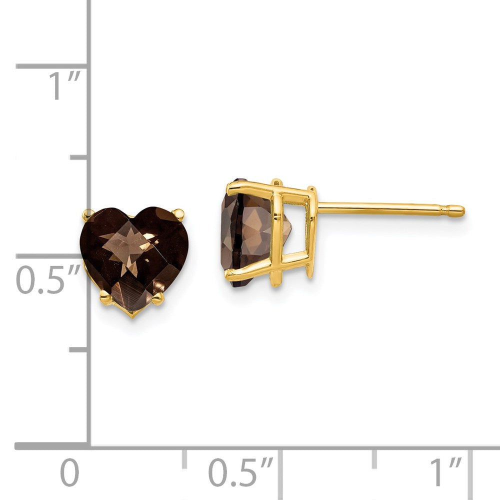14K Gelbgold Ohrringe mit 7 mm herzförmigem Schachbrettschliff-Rauchquarz in Gelbgold