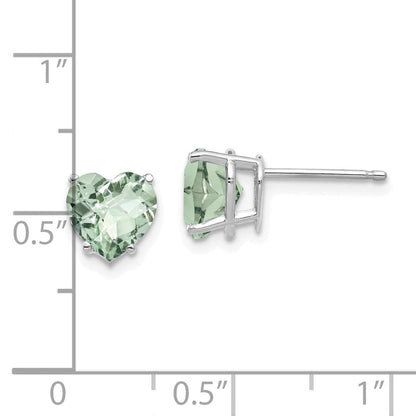 14K Weißgold Ohrringe mit 7 mm herzförmigem Grün-Quarz im Checker-Schliff