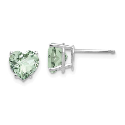 14K Weißgold Ohrringe mit 7 mm herzförmigem Grün-Quarz im Checker-Schliff