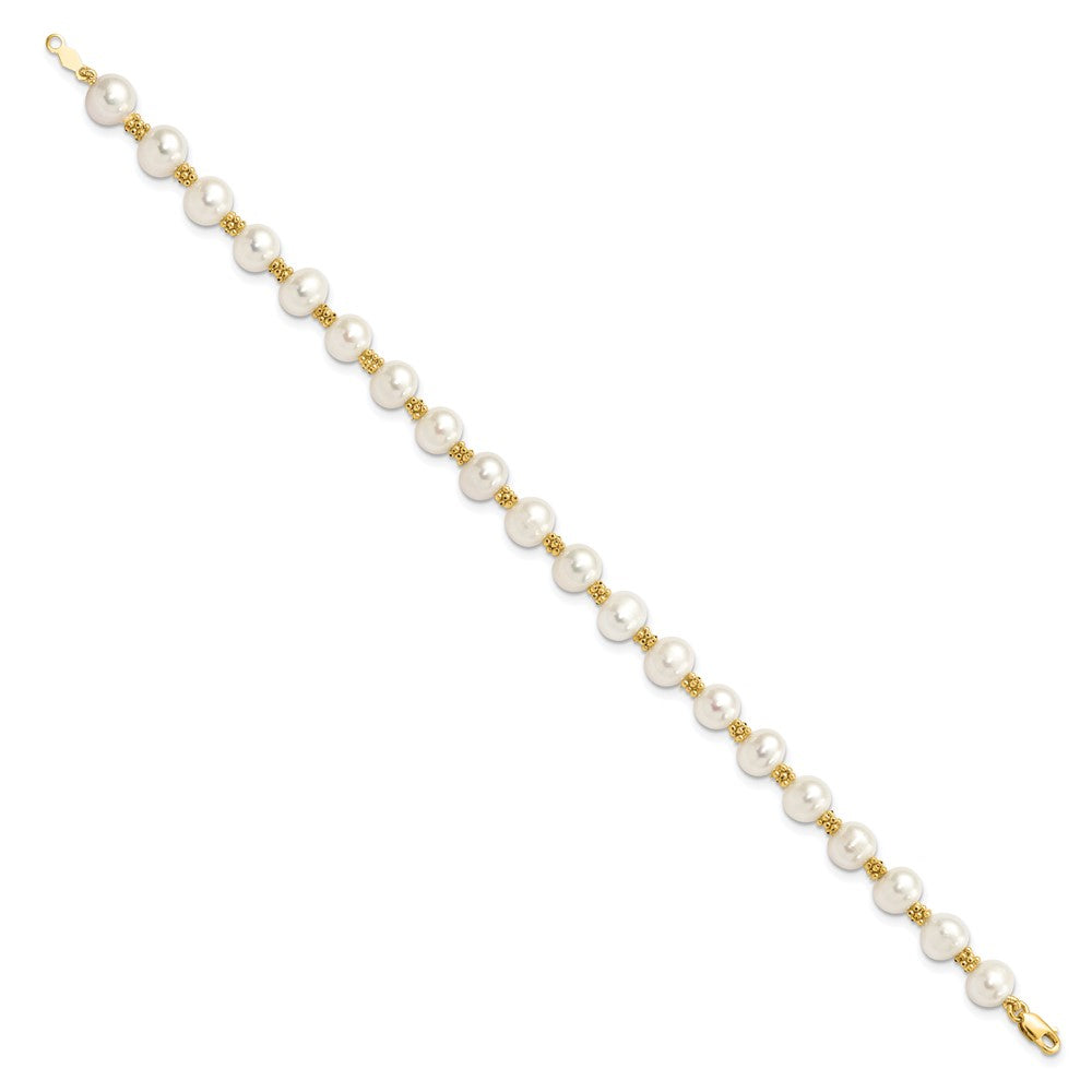 14K Gelbgold 6 7mm Weiß Rund Süßwasser Zuchtperle 7.25 Zoll Armband
