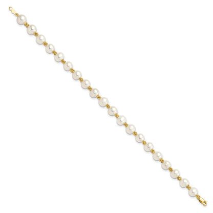 14K Gelbgold 6 7mm Weiß Rund Süßwasser Zuchtperle 7.25 Zoll Armband