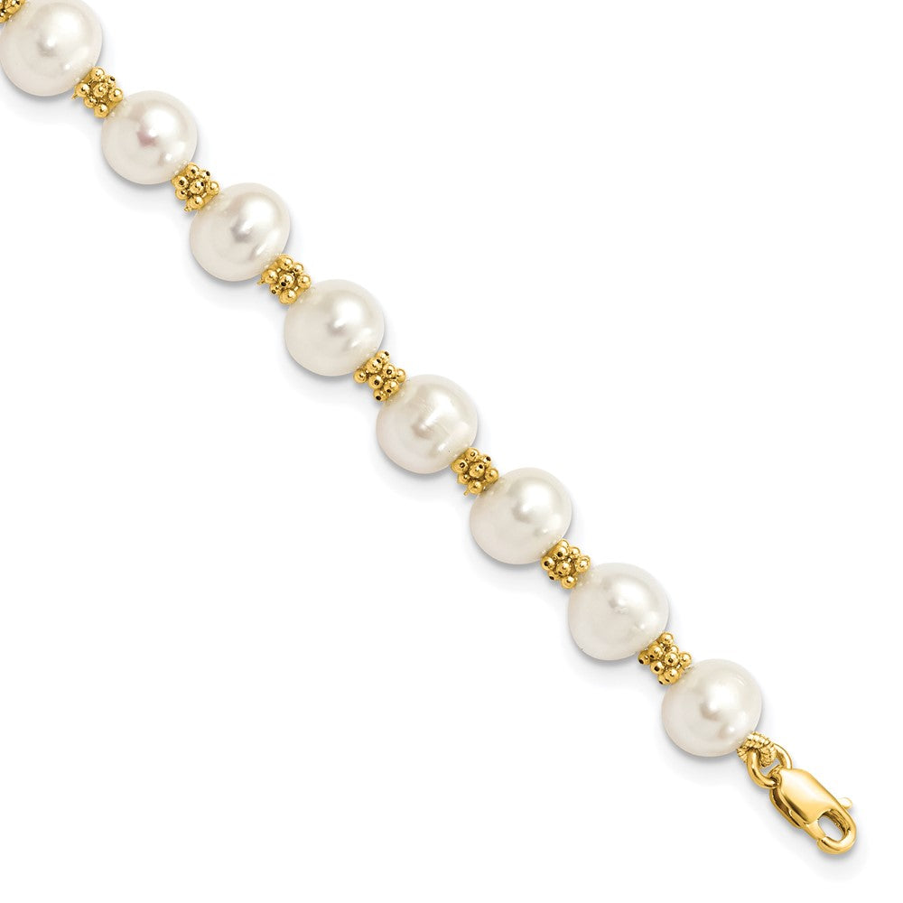 14K Gelbgold 6 7mm Weiß Rund Süßwasser Zuchtperle 7.25 Zoll Armband