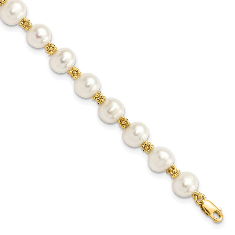 14K Gelbgold 6 7mm Weiß Rund Süßwasser Zuchtperle 7.25 Zoll Armband