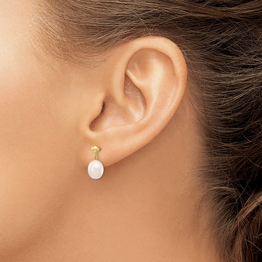 14K Gelbgold 8 9mm Weiß Rice Süßwasser Zuchtperle Stecker Ohrhänger