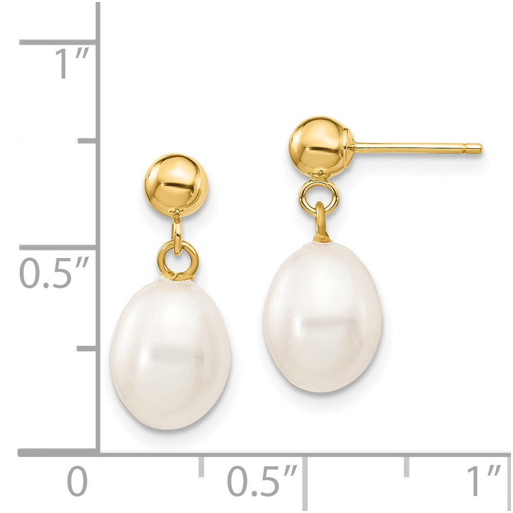 14K Gelbgold 7 8mm Weiß Rice Süßwasser Zuchtperle Stecker Ohrhänger