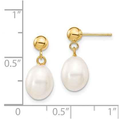 14K Gelbgold 7 8mm Weiß Rice Süßwasser Zuchtperle Stecker Ohrhänger