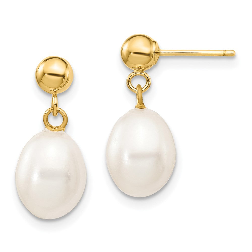 14K Gelbgold 7 8mm Weiß Rice Süßwasser Zuchtperle Stecker Ohrhänger