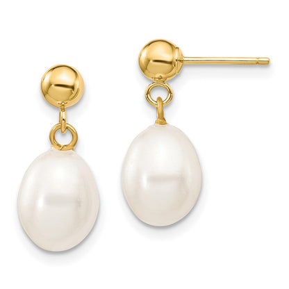 14K Gelbgold 7 8mm Weiß Rice Süßwasser Zuchtperle Stecker Ohrhänger