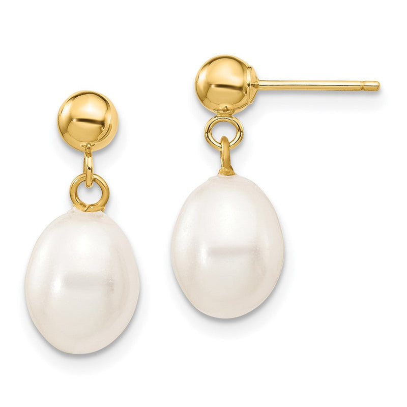 14K Gelbgold 7 8mm Weiß Rice Süßwasser Zuchtperle Stecker Ohrhänger
