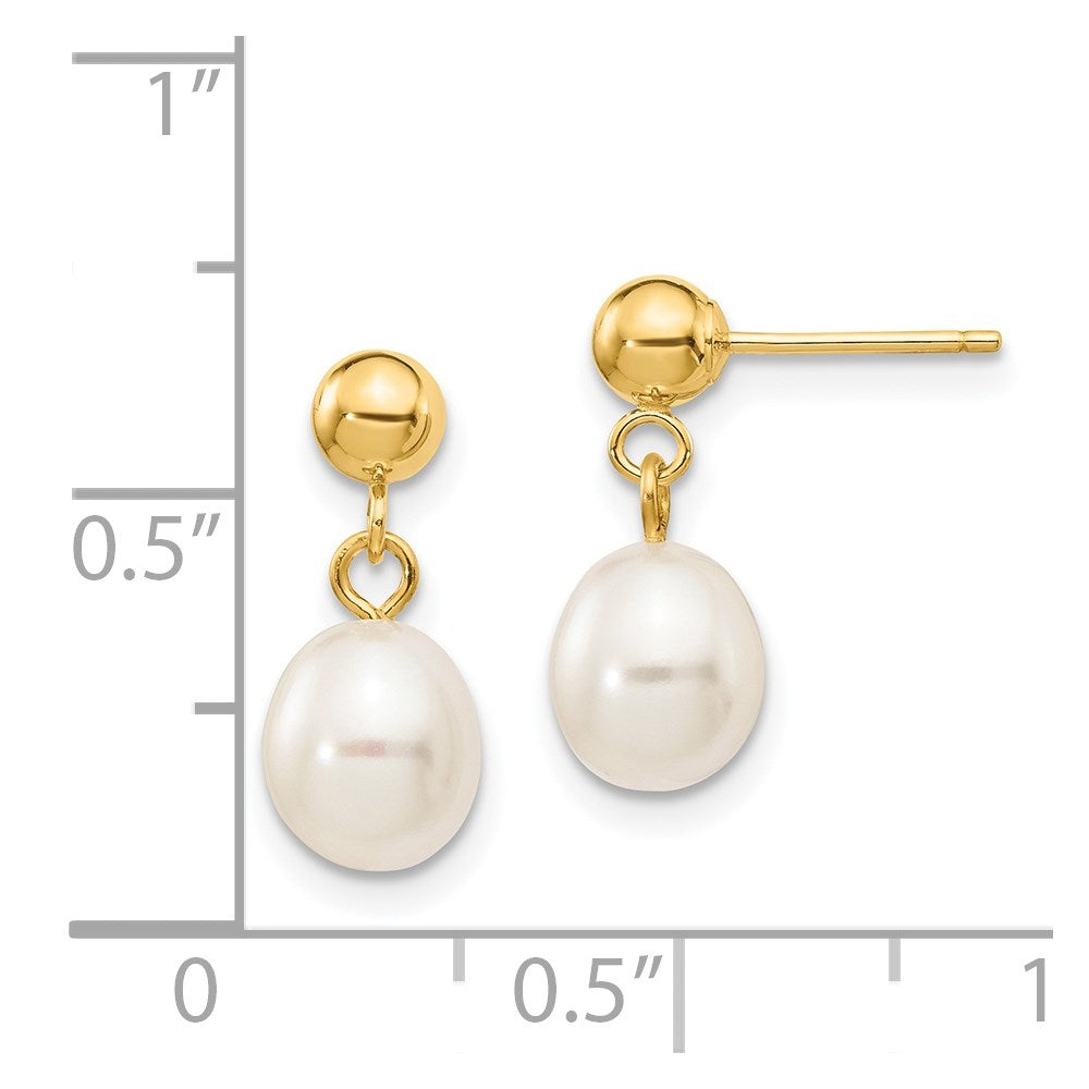 14K Gelbgold 6 7mm Weiß Rice Süßwasser Zuchtperle Stecker Ohrhänger