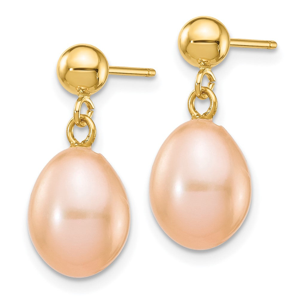 14K Gelbgold 7 8mm Rosa Rice Süßwasser Zuchtperle Stecker Ohrhänger