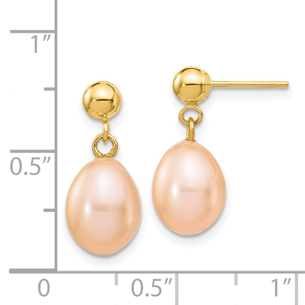 14K Gelbgold 7 8mm Rosa Rice Süßwasser Zuchtperle Stecker Ohrhänger