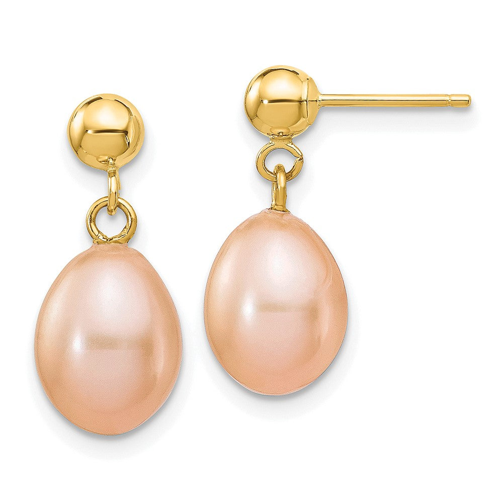 14K Gelbgold 7 8mm Rosa Rice Süßwasser Zuchtperle Stecker Ohrhänger
