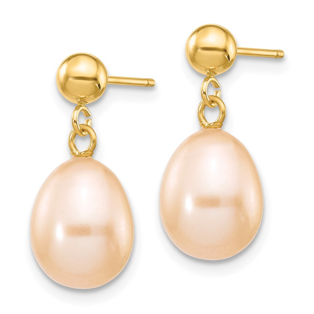 14K Gelbgold 8 9mm Rosa Rice Süßwasser Zuchtperle Stecker Ohrhänger