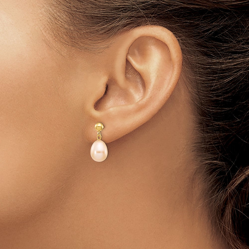 14K Gelbgold 8 9mm Rosa Rice Süßwasser Zuchtperle Stecker Ohrhänger