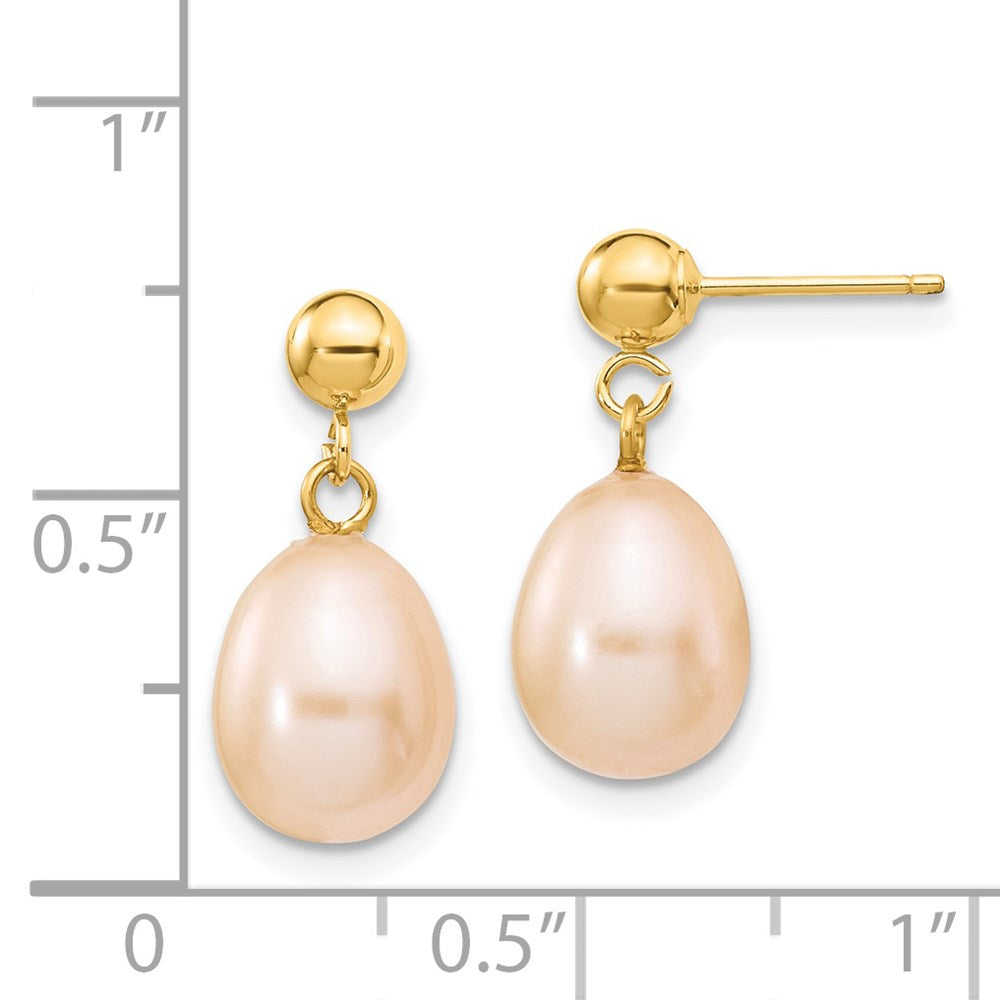 14K Gelbgold 8 9mm Rosa Rice Süßwasser Zuchtperle Stecker Ohrhänger