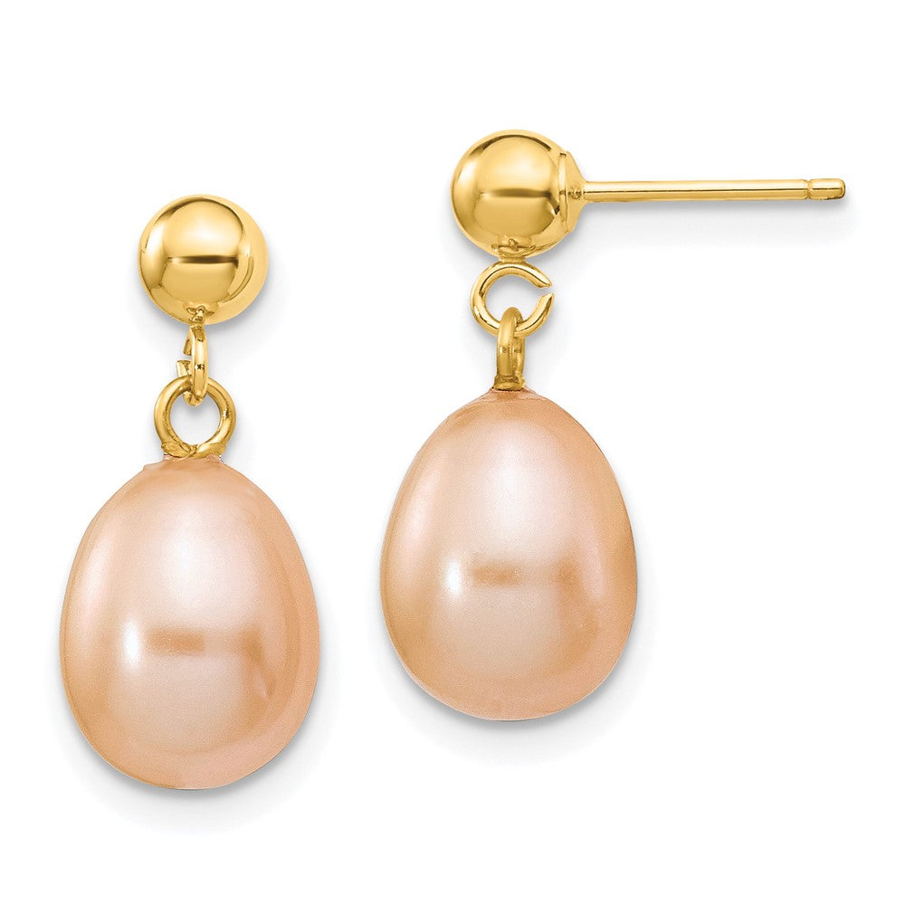 14K Gelbgold 8 9mm Rosa Rice Süßwasser Zuchtperle Stecker Ohrhänger