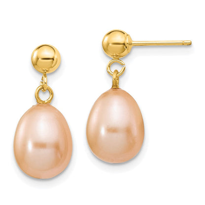 14K Gelbgold 8 9mm Rosa Rice Süßwasser Zuchtperle Stecker Ohrhänger