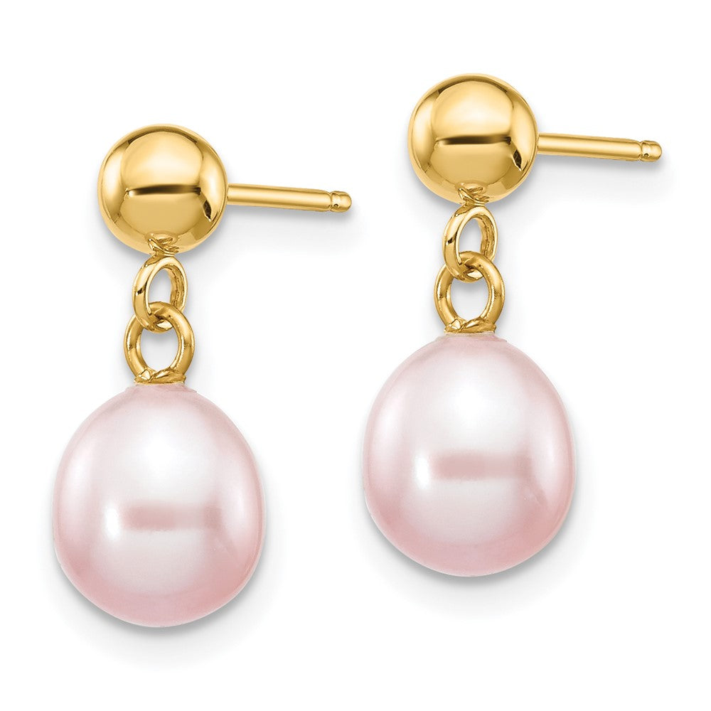 14K Gelbgold 6 7mm Lila Rice Süßwasser Zuchtperle Stecker Ohrhänger
