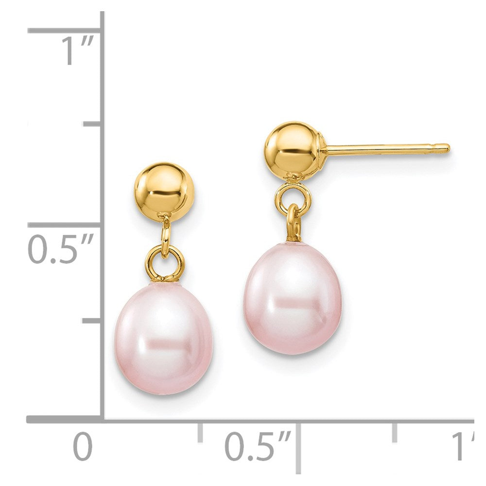 14K Gelbgold 6 7mm Lila Rice Süßwasser Zuchtperle Stecker Ohrhänger