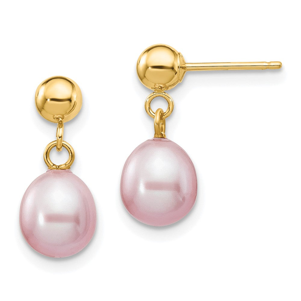 14K Gelbgold 6 7mm Lila Rice Süßwasser Zuchtperle Stecker Ohrhänger