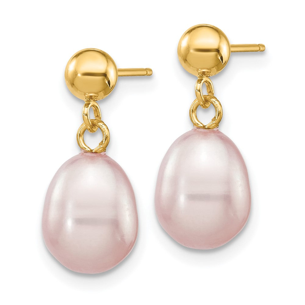 14K Gelbgold 7 8mm Lila Rice Süßwasser Zuchtperle Stecker Ohrhänger