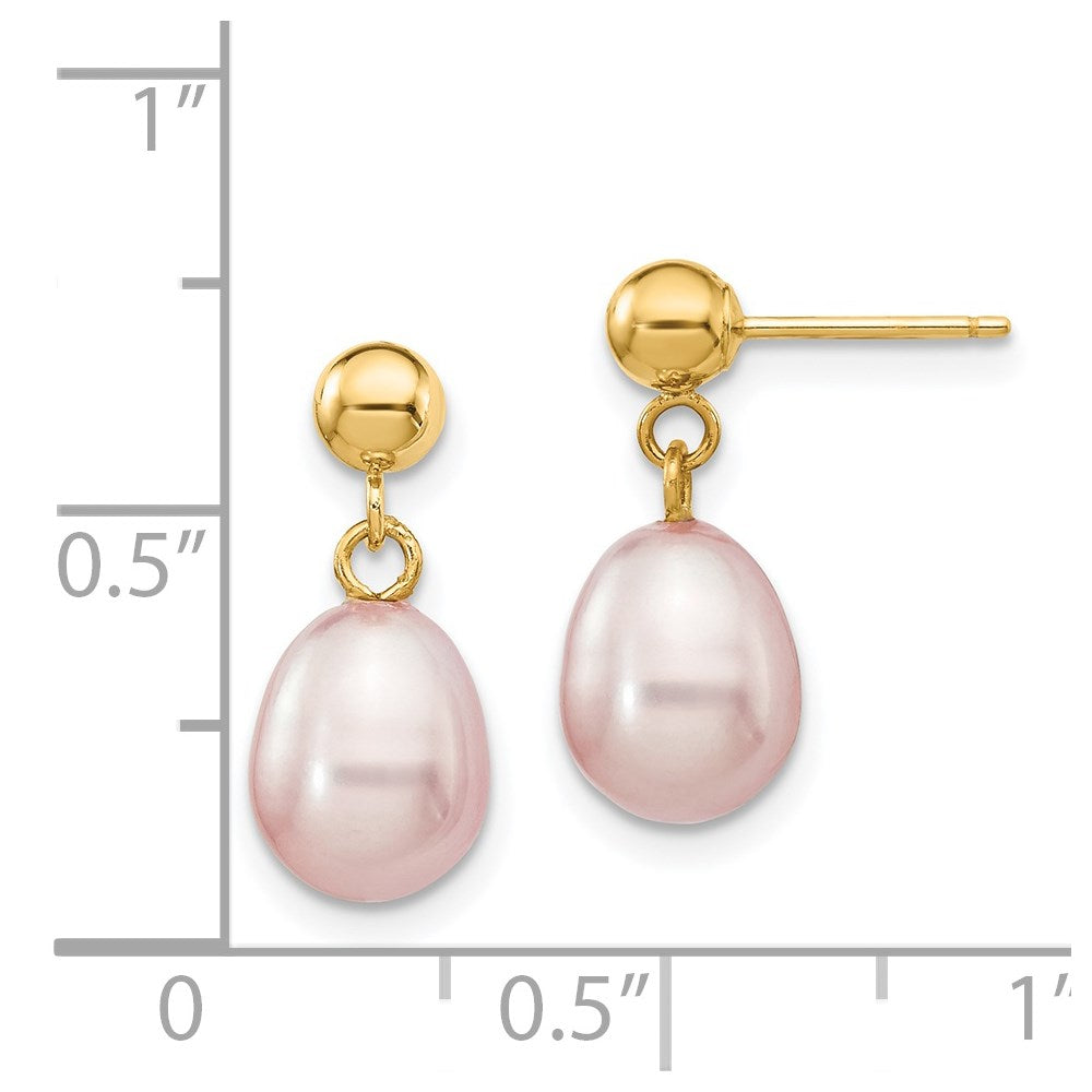 14K Gelbgold 7 8mm Lila Rice Süßwasser Zuchtperle Stecker Ohrhänger
