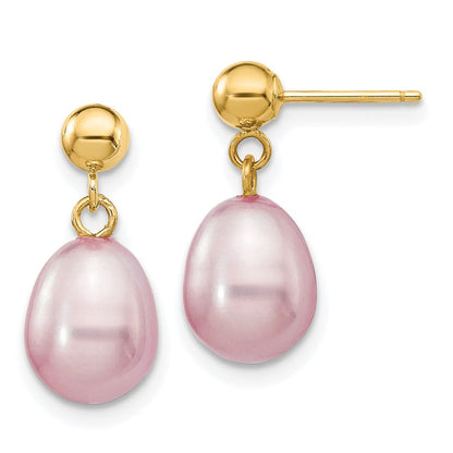 14K Gelbgold 7 8mm Lila Rice Süßwasser Zuchtperle Stecker Ohrhänger
