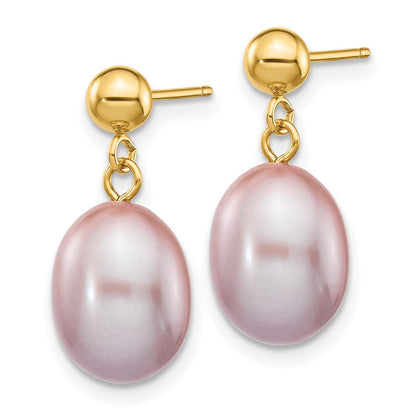 14K Gelbgold 8 9mm Lila Rice Süßwasser Zuchtperle Stecker Ohrhänger