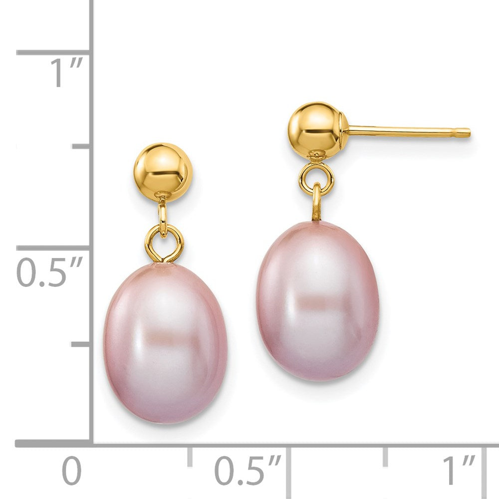 14K Gelbgold 8 9mm Lila Rice Süßwasser Zuchtperle Stecker Ohrhänger