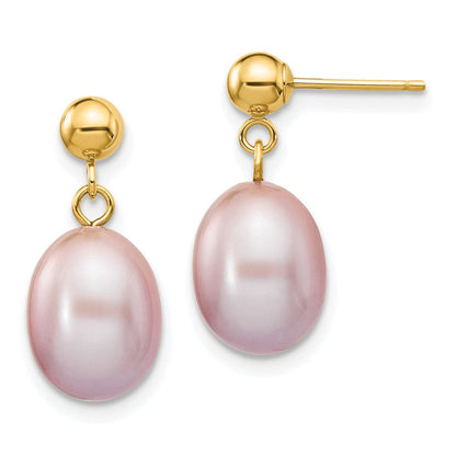 14K Gelbgold 8 9mm Lila Rice Süßwasser Zuchtperle Stecker Ohrhänger