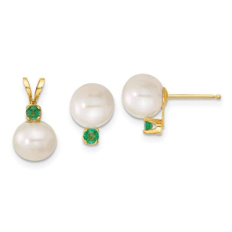 14K Gelbgold 14K 7-8mm Weiß Rund Süßwasser Zuchtperle Und.21em Smaragd Ohrstecker und Anhänger Set