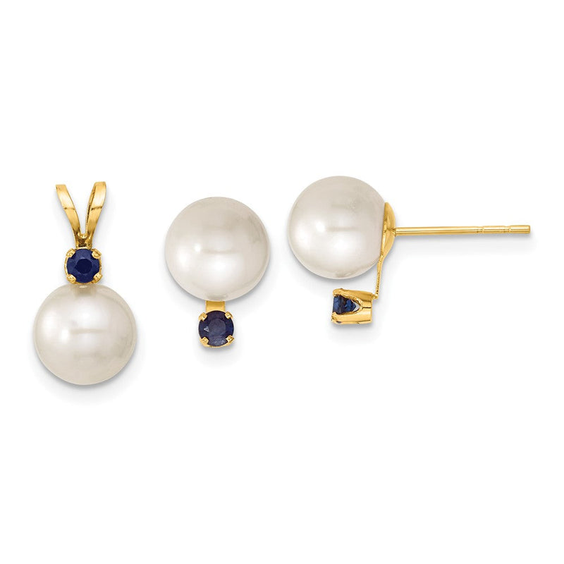 14K Gelbgold 14K 7-8mm Weiß Rund Süßwasser Zuchtperle Und.30sa Saphir Ohrstecker und Anhänger Set