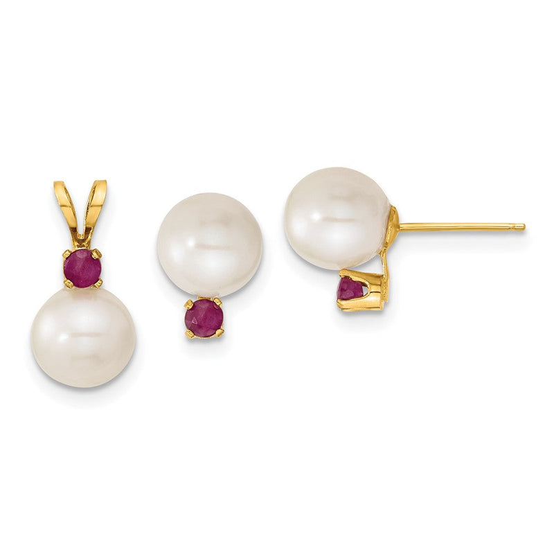 14K Gelbgold 14K 7-8mm Weiß Rund Süßwasser Zuchtperle Und.30ru Rubin Ohrstecker und Anhänger Set