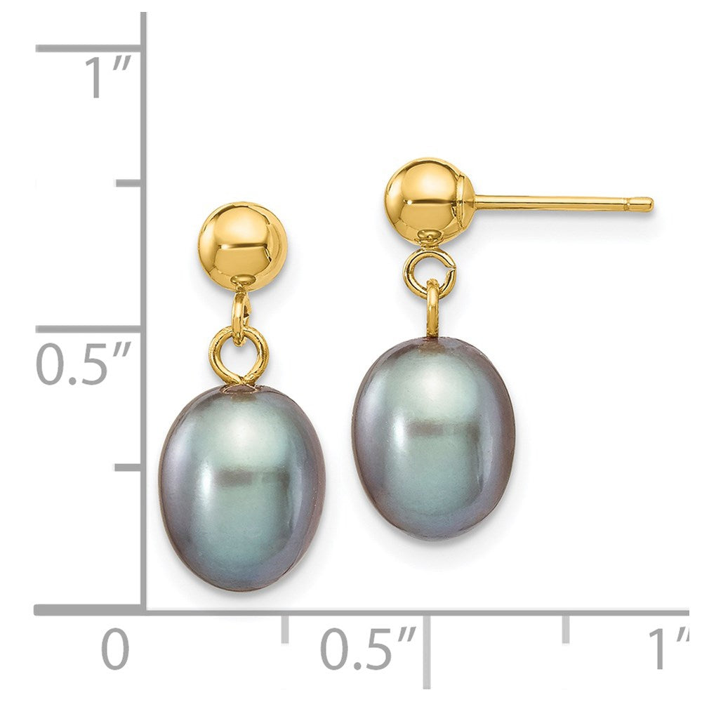 14K Gelbgold 7 8mm Grau Rice Süßwasser Zuchtperle Stecker Ohrhänger