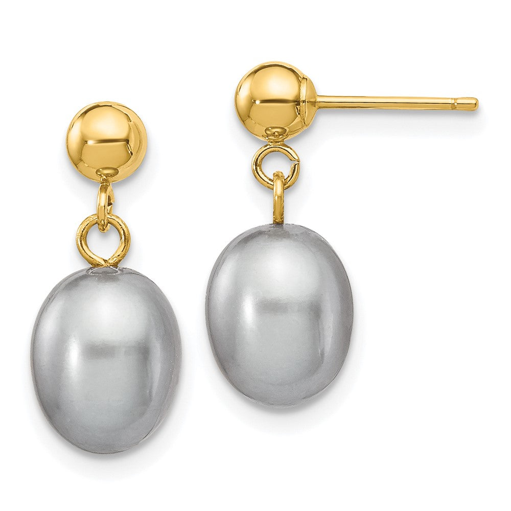 14K Gelbgold 7 8mm Grau Rice Süßwasser Zuchtperle Stecker Ohrhänger