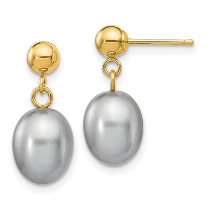 14K Gelbgold 7 8mm Grau Rice Süßwasser Zuchtperle Stecker Ohrhänger