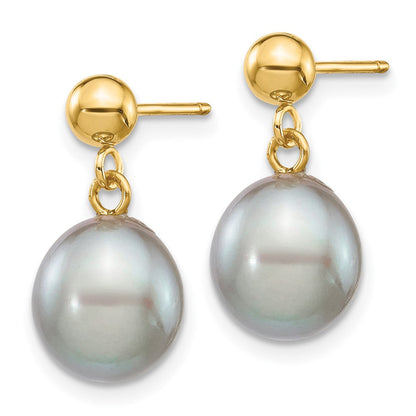 14K Gelbgold 8 9mm Grau Rice Süßwasser Zuchtperle Stecker Ohrhänger
